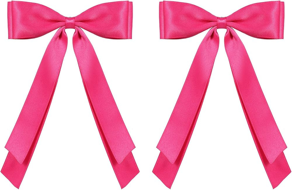 2PCS Silky Satin Hair Bows Hair Clip for Women Girls Hot Pink Solid Satin Polyester Ribbon Ponyta... | Amazon (US)