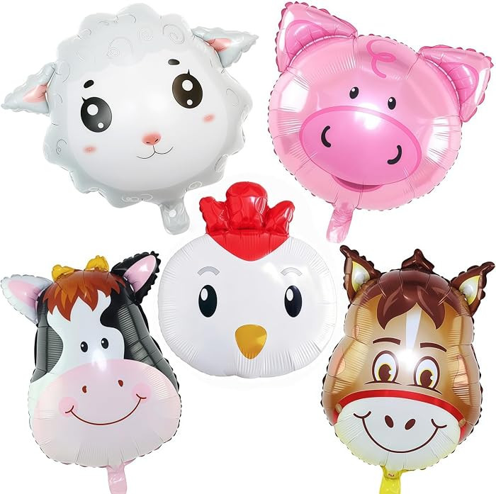 5 PCS Farm Animal Balloons, Cow Donkey Sheep Pig Chicken Foil Mylar Balloon for Farm Birthday Par... | Amazon (US)