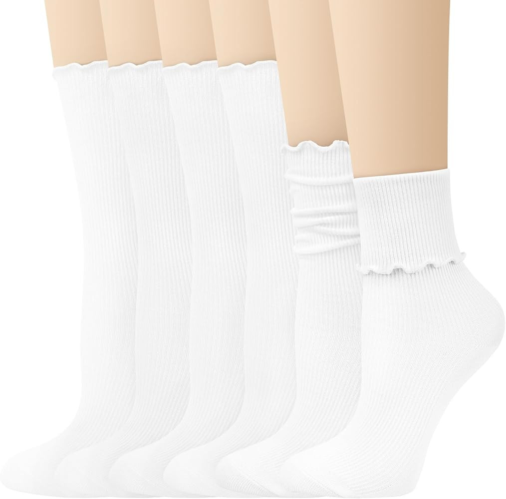 Justay 6 Pairs Ruffle Socks Soft Cute Frilly Turn-Cuff Long Casual Slouch Cotton Crew Women Gifts | Amazon (US)