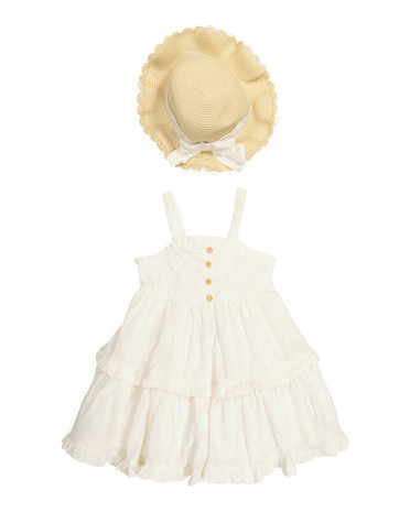 Toddler Girls Strappy Square Neck Ruffle Tiered Dress With Straw Hat | TJ Maxx