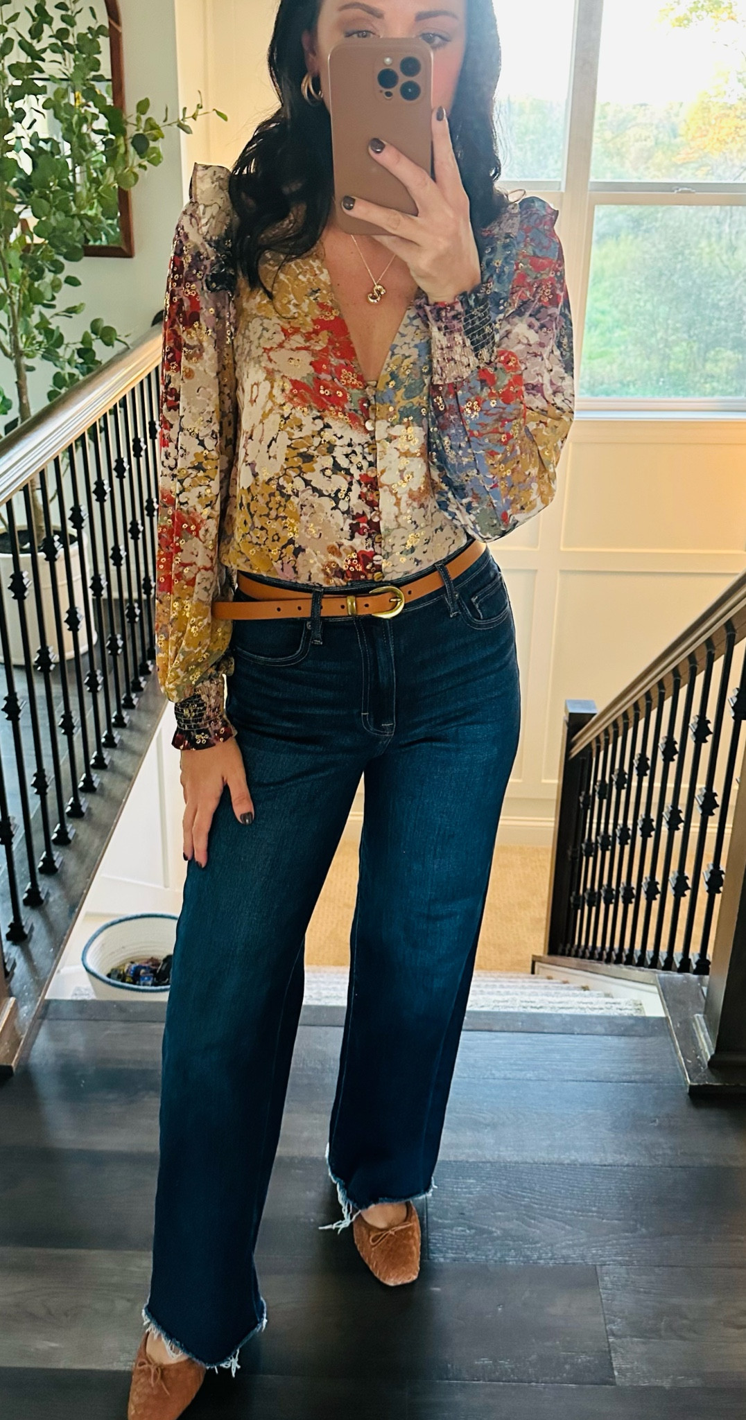 The most beautiful blouse for Fall! I just love the gold splashes of color! I’m also loving these new wide leg jeans. They are very comfy and would be perfect length for shoes like sneakers or Birks. 
Jeans size 25
Blouse size XS

#jeans #blouse #falloutfitidea #madewell #datenightoutfit #feminineblouse  #trouserjeans #wideleg
#bloomingdales #ballerinaflats 

#LTKOver40 #LTKStyleTip #LTKFindsUnder100
