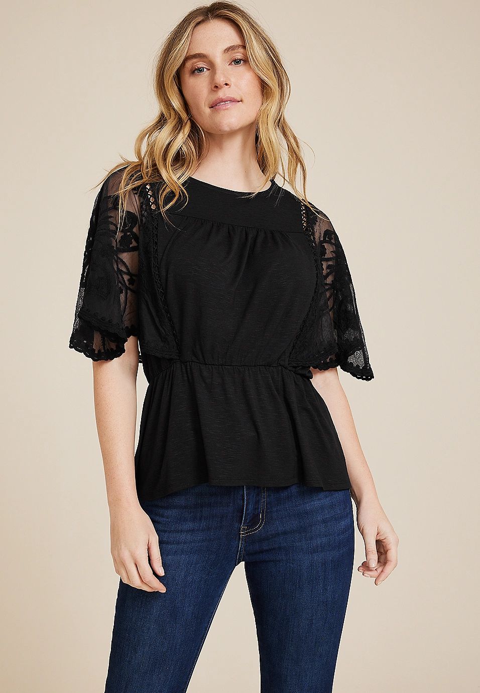 Embroidered Floral Sleeve Peplum Blouse | Maurices