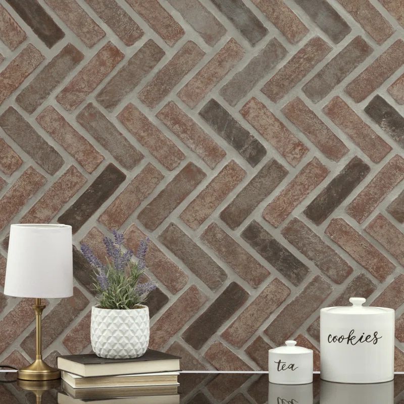 ArtisanBrik 12.5" x 25.5" Textured Clay Brick Herringbone Mesh-Mounted Mosaic Floor & Wall Tile | Wayfair North America