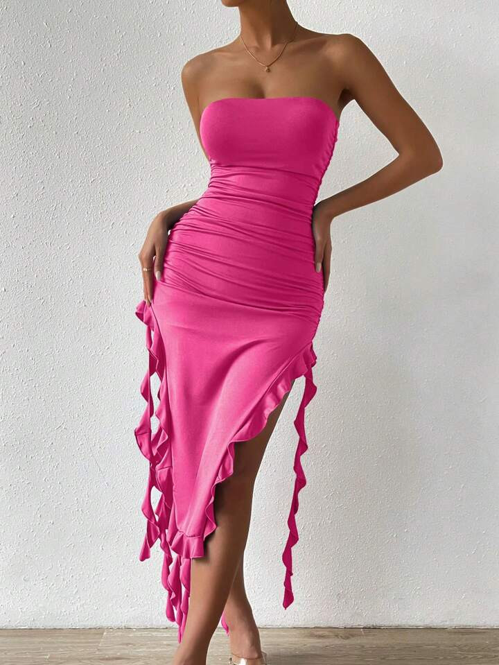SHEIN Privé Ruffle Trim Ruched Split Thigh Tube Dress | SHEIN