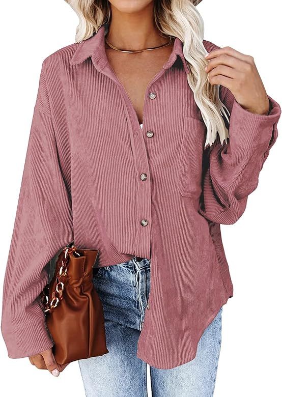 BTFBM Women's Corduroy Flannel Shirts Jacket Casual Long Sleeve Button Down Solid Oversized Shacket  | Amazon (US)
