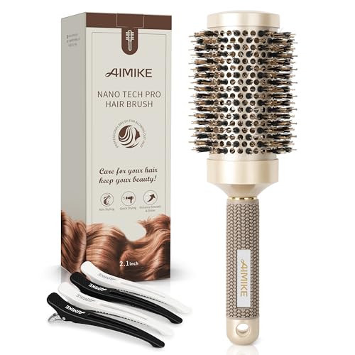 AIMIKE Round Hair Brush, Nano Thermal Ceramic & Ionic Tech, 2.1 Inch Barrel with Boar Bristles for Enhanced Texture, Golden, Hair Drying, Styling, Curling and Shine + 4 Free Clips | Amazon (US)