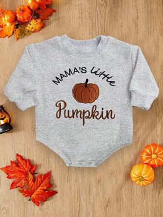 Newborn Baby Girls Casual Pumpkin Graphic & Letter Print Long Sleeve Hooded One-Piece Bodysuit | SHEIN