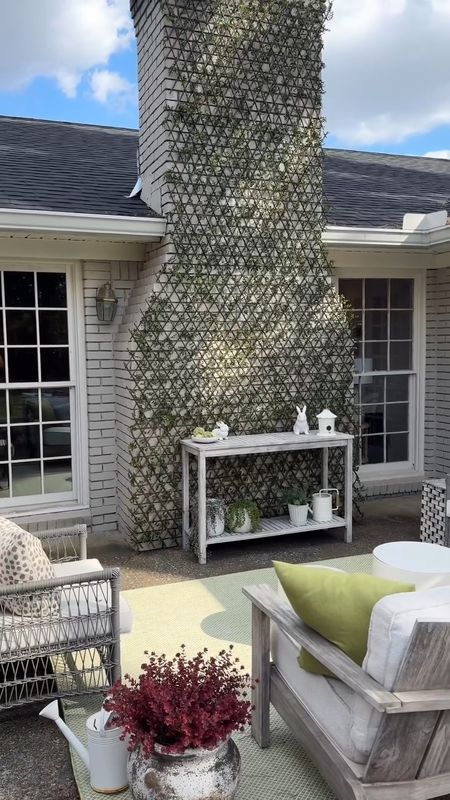 Trellis Wall Tips 👉🏻 You'd never believe what I'm about to tell you about this DIY project. This entire wall is faux! It was extremely easy to install & cost me less than $150. It adds such instant character that could normally take years to grow naturally. Also, not all areas are conducive for growing vine so I think this is a great option if it's a look you love 🫶🏻 but don't have a green thumb

I used 4 single sided buxus leaf expandable trellis grids here. Full tutorial is on my page @thesouthernsource !!