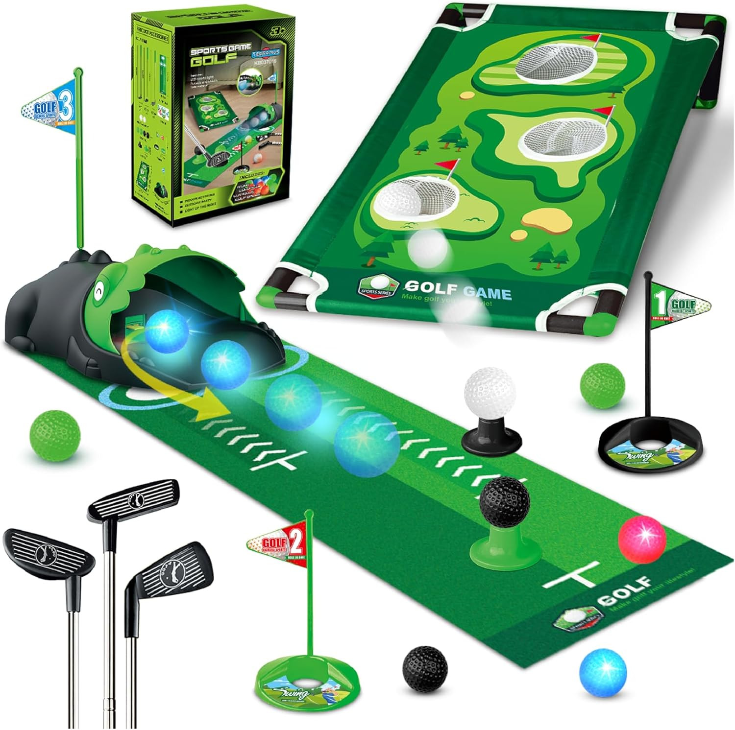 TERRAMUS 3 in 1 Kids Golf Set with Dinosaur Automatic Golf Returner, Golf Cornhole Board, Led Light Up Balls, Putting Mat, 3-8 Toddler Mini Golf Games, Indoor Outdoor Golf Toys Gift for Boys Girls 3+ | Amazon (US)