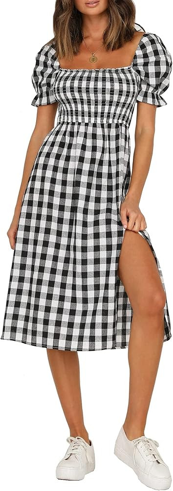 R.Vivimos Summer Dress for Women Cotton Plaid Puff Sleeves Causal Off-Shoulder Boho Side Slit Mid... | Amazon (US)