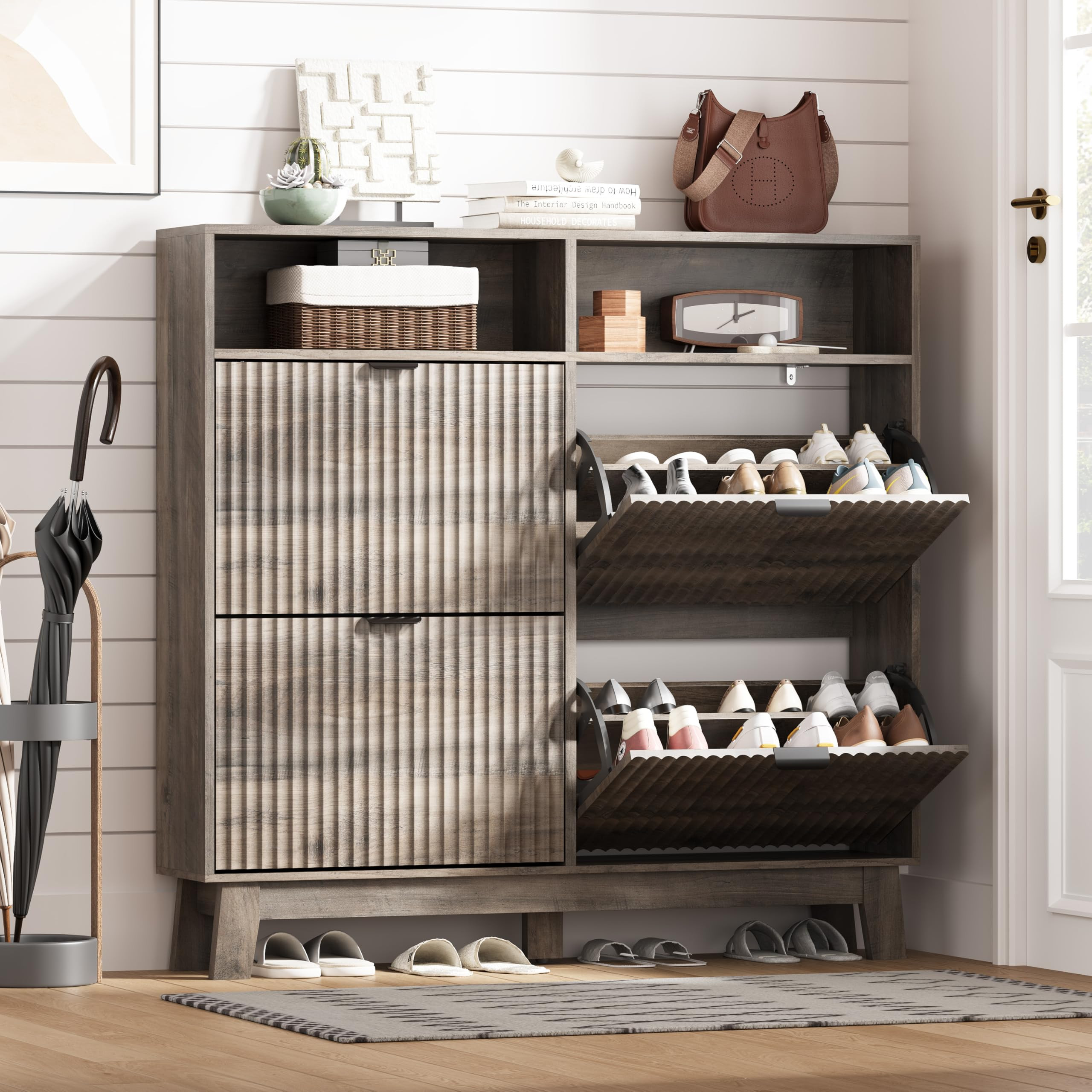 Shoe Cabinet Storage for Entryway with 4 Flip Drawers, Fluted Narrow Shoe Organizer with Wooden L... | Amazon (US)