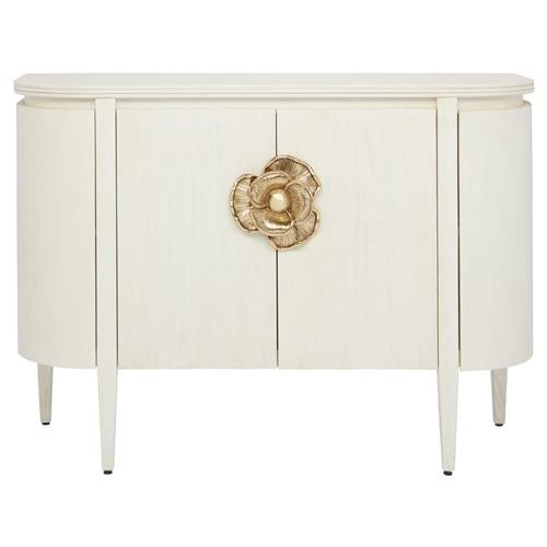 Sazana Hollywood Regency White Oak Wood Brass Flower Pull Demilune Sideboard | Kathy Kuo Home