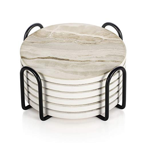 LIFVER Drink Coasters with Holder, Absorbent Coaster Sets of 6, Marble Style Ceramic Drink Coaste... | Amazon (US)