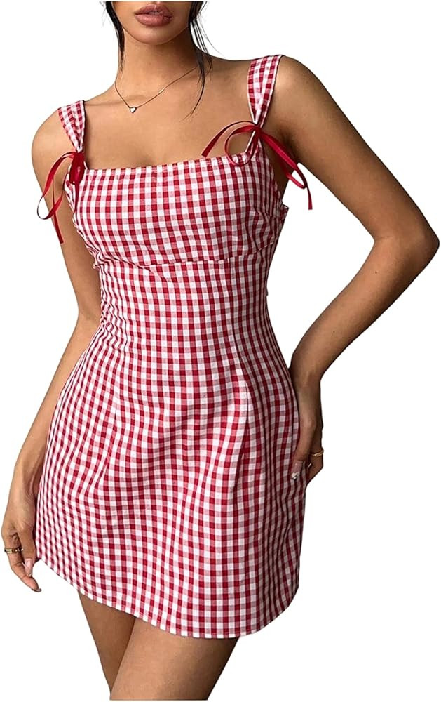 Women's Y2k Gingham Backless Mini Dress Summer Cute Bow Tie Square Neck Bodycon Going Out Dresses | Amazon (US)
