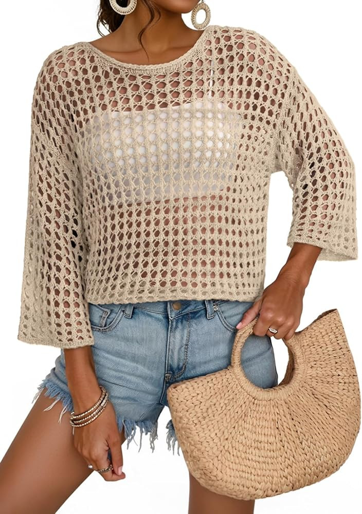 Dokotoo Womens Spring Summer 3/4 Sleeve Crochet Sweater Hollow Out Color Block Striped Tops Casua... | Amazon (US)