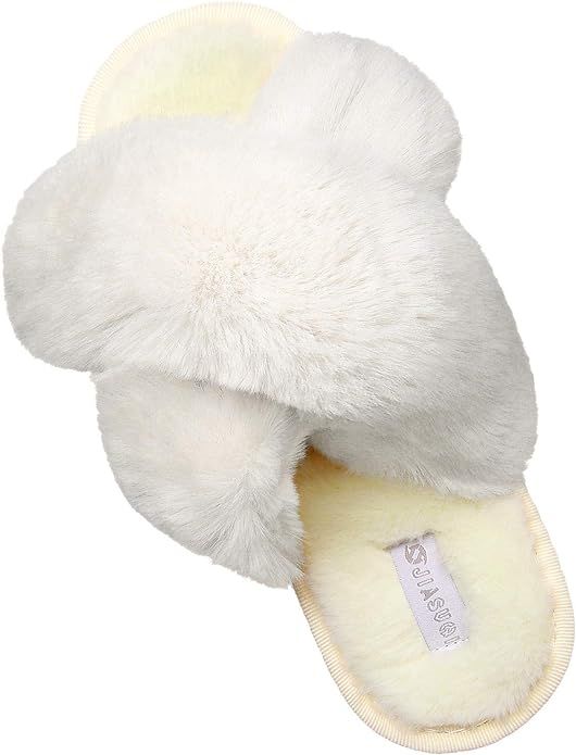 JIASUQI Cross Open Toe Fuzzy Fluffy House Slippers for Women Cozy Memory Foam Plush Criss Cross F... | Amazon (US)