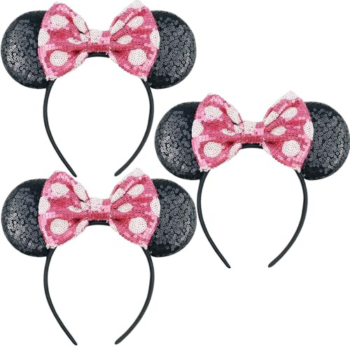 LIHELEI Ears Mouse Ears Headband with Sequin Bows, Headbands for Halloween Costume, Headwear Hair Accessories for Women - 3PCS Hot Pink | Amazon (US)