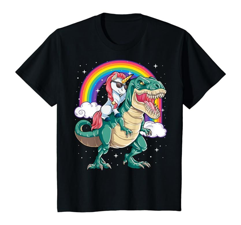 Unicorn Riding T rex Dinosaur Boys Girls Men Women Rainbow T-Shirt | Amazon (US)