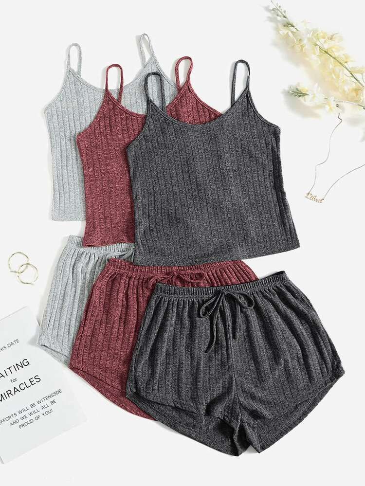 3sets Ribbed Knit Cami Top & Tie Front Shorts Lounge Set | SHEIN
