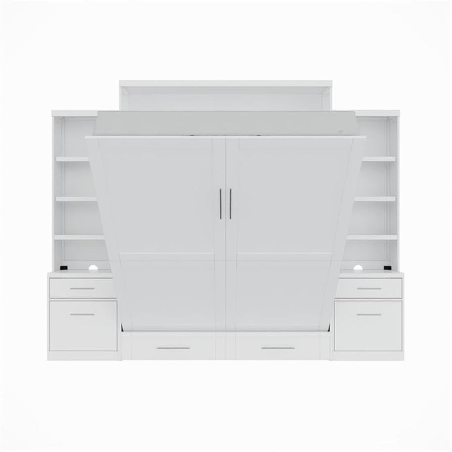 Queen Size White Murphy Wall Bed in Solid Wood, with Storage and Shelves, No Box Spring Needed, E... | Amazon (US)