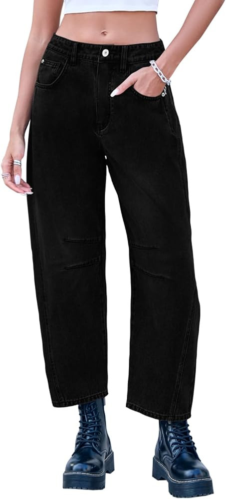 Mid Rise Barrel Jeans for Women Wide Leg Mid Waist Cropped Denim Pants Y2k Baggy Boyfriend Jeans ... | Amazon (US)