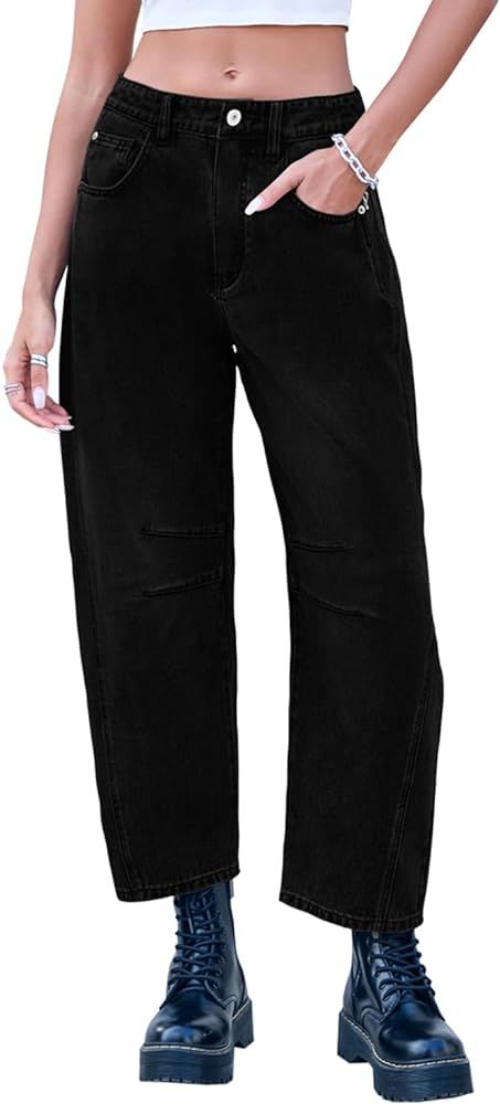 Mid Rise Barrel Jeans for Women Wide Leg Mid Waist Cropped Denim Pants Y2k Baggy Boyfriend Jeans ... | Amazon (US)