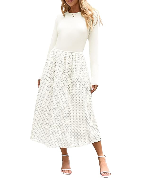 Theenkoln Women Eyelet Midi Dress:Long Sleeve Crew Neck Modest Hollow Out Lace A-Line Casual Fall... | Amazon (US)
