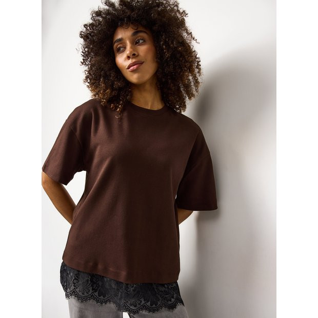 Brown Oversized Lace Hem Short Sleeve Top XL | Tu Clothing