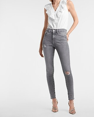 High Waisted Faded Black Ripped Raw Hem Skinny Jeans | Express