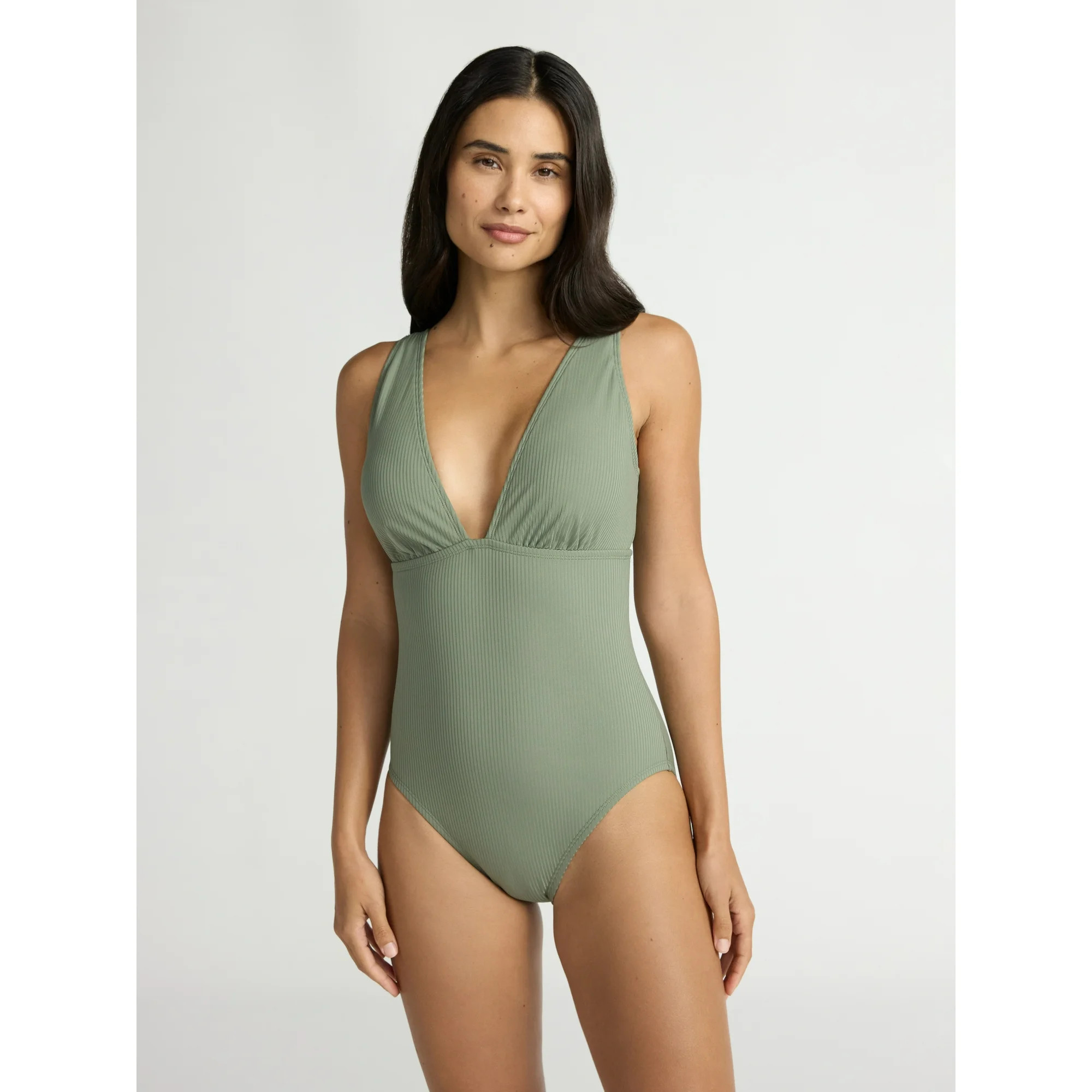 Time and Tru Women’s and Women’s Plus Ribbed Plunge One Piece Swimsuit, Sizes XS-2X | Walmart (US)