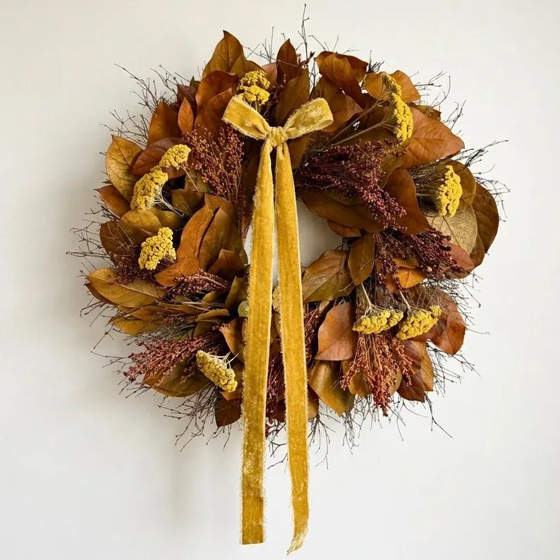 VanCortlandt Farms Autumn Fall Orange Yellow Timeless Ribbon Bow Dried Flower and Preserved Leave... | Etsy (Global)