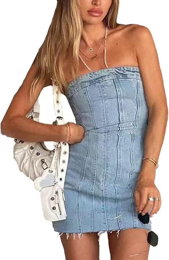 Sexy Denim Strapless Dresses for Women Y2K Jeans Corset Backless Tube Bodycon Mini Dress Clubwear | Amazon (US)