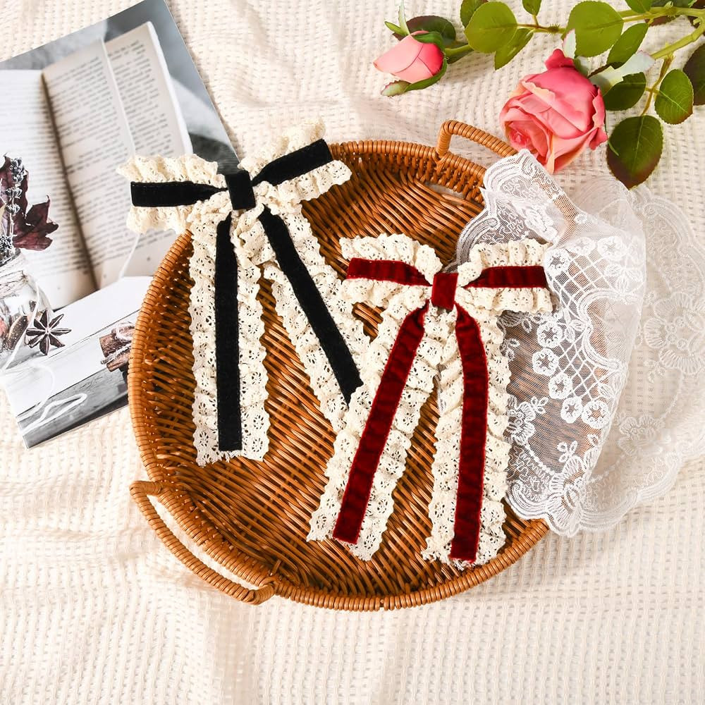 2PCS Velvet Hair Bows Lace Hair Ribbon Clips Big Black Red Fall Alligator Clips Hair Accessories ... | Amazon (US)