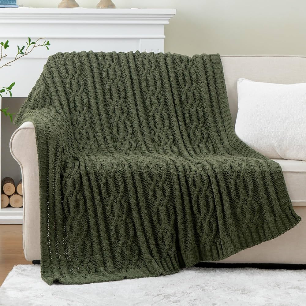 Battilo Olive Green Throw Blanket for Couch, Chunky Cable Knit Blanket, Woven Chenille Throw for ... | Amazon (US)