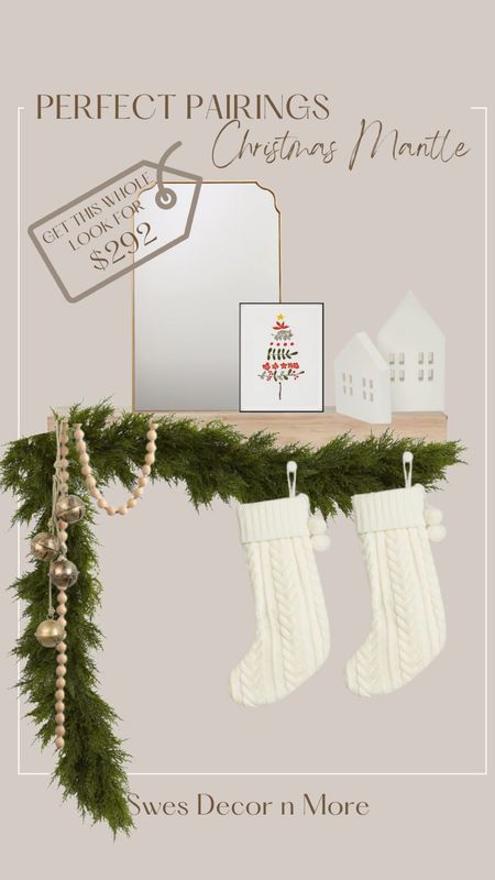 A simple Christmas mantle with neutral colors and a pop of brass! 

Ceramic houses, waffle knot stockings, artificial garland, wood beaded garland, brass bells 

#LTKSeasonal #LTKhome #LTKHoliday