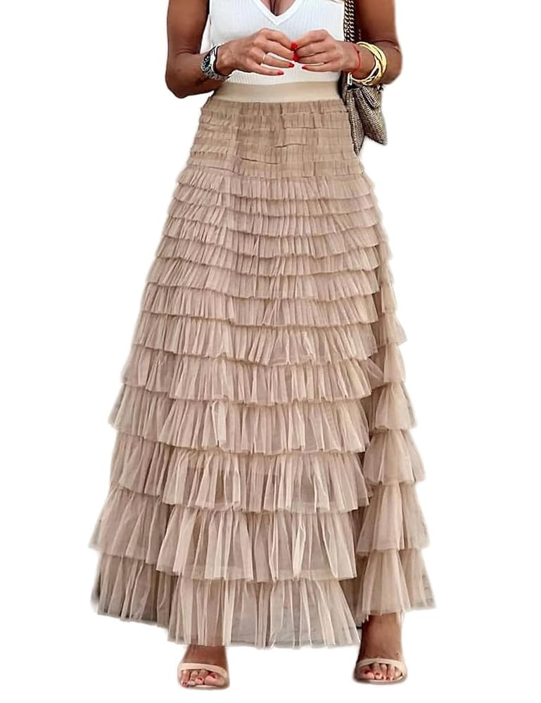 Flygo Women's Long Maxi Tulle Skirts A Line Ruffle High Waisted Tiered Layered Mesh Tutu Skirt Pe... | Amazon (US)
