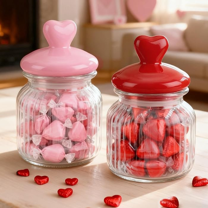 Valentine’s Day Decorations, 2 PCS Glass Valentines Candy Jar (22 oz) with Heart-Shaped Ceramic... | Amazon (US)