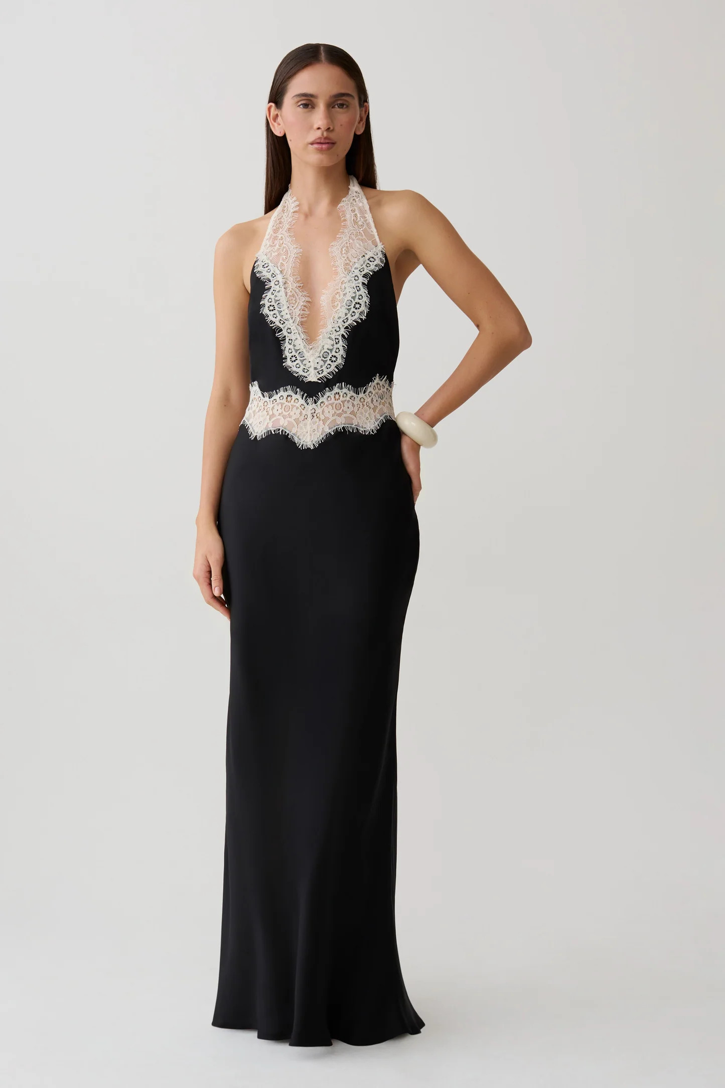Louise Satin And Lace Maxi Dress - Black/Ivory | MESHKI US