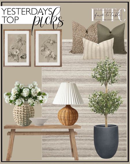 Yesterday’s Top Picks. Follow @farmtotablecreations on Instagram for more inspiration.

Milani Solid Wood Bench. PILLOW COMBO | Warm Neutrals, Camel Floral Pillow, Green Pillow, Cream Stripe Pillow, Pillow Combination, Sofa Pillow Set, Fall Pillow Combo. Loloi Amber Lewis x Loloi Malibu Collection MAB-02 Ivory / Multi, 8'-10" x 12'-2", Indoor/Outdoor, Area Rug. Antique Neutral Floral Print set. Rosemead Home & Garden, Inc. 20" Wide Kante Lightweight Tall Concrete Outdoor Planter Pot Charcoal Black. Nearly Natural Double Topiary. Natural Wicker Table Lamp Brown - Threshold designed with Studio McGee. Minka Textured Pot. 25" Faux Snowball Flower in Cream/Green, Real Touch Flowers, Faux Botanicals, DIY Florals. Matias Bowl. McGee & Co. Home Finds. Living Room Decor. Spring Decor. Home Decor.  


#LTKsalealert #LTKfindsunder50 #LTKhome