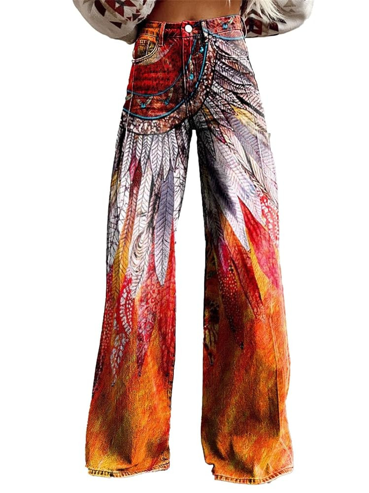 Women's Vintage Boho Floral Print Jeans - Mid Waisted Wide Leg Baggy Flare Pants with Pockets | Amazon (US)