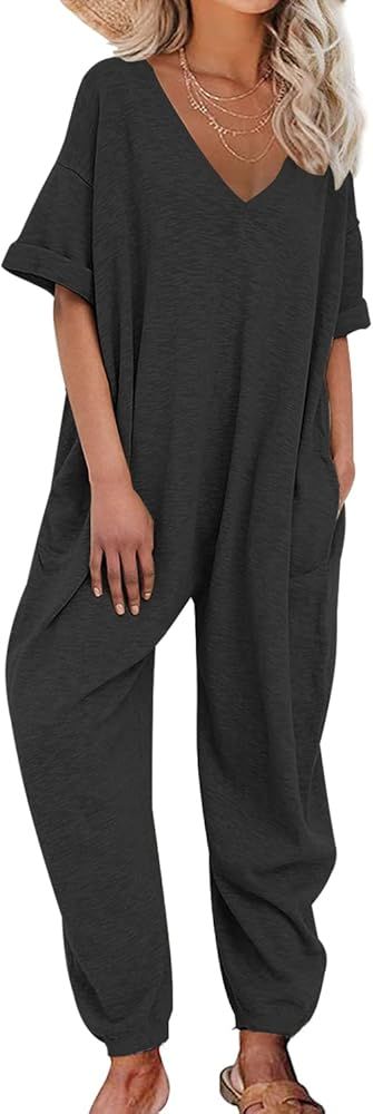 Nirovien Women's Solid Color V Neck Jumpsuits Half Sleeve Long Rompers Beam Foot Baggy Overalls P... | Amazon (US)