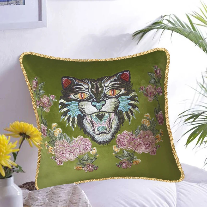 Green Velvet Cushion Cover Angry Cat Embroidery Decorative - Etsy | Etsy (US)