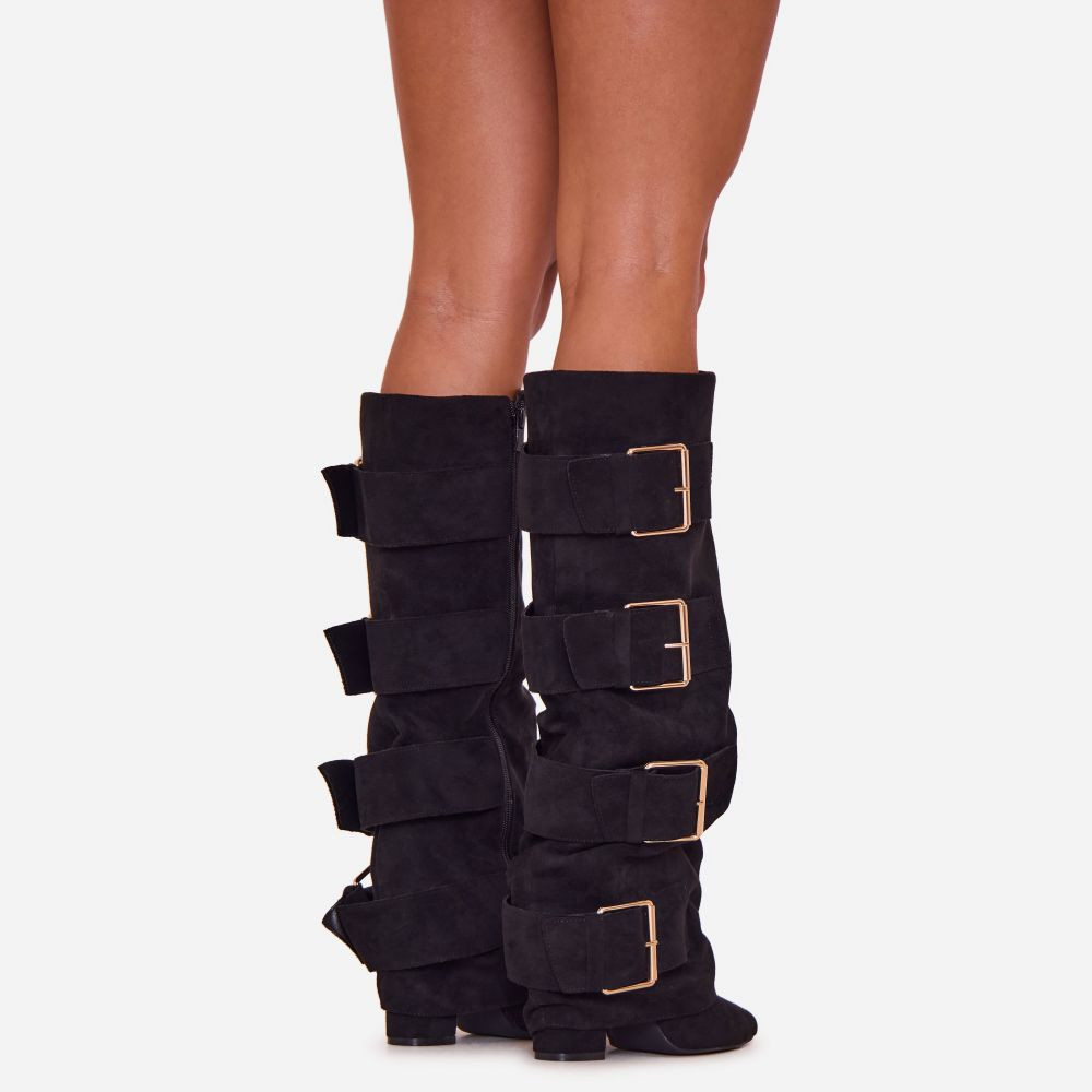 Nett Multi Side Buckle Detail Pointed Toe Knee High Long Boot In Black Faux Suede | EGO (UK)