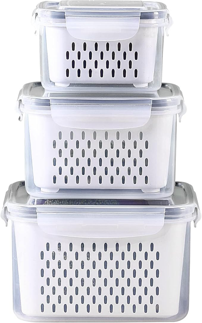 3Pack Fridge Food Storage Container Set with Lids with Strainer, Fruit Vegetable Storage Containe... | Amazon (US)