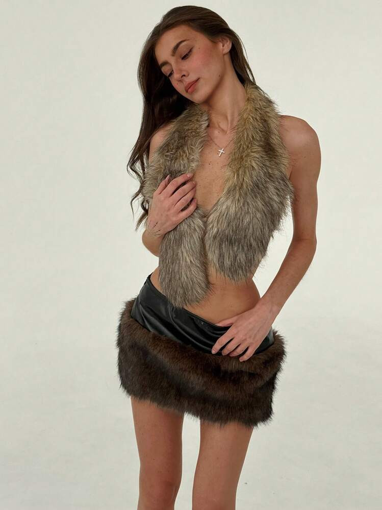 Aloruh Sexy Asymmetrical Hem Tie-Up Deep V Faux Fur Tank Top For Going Out | SHEIN