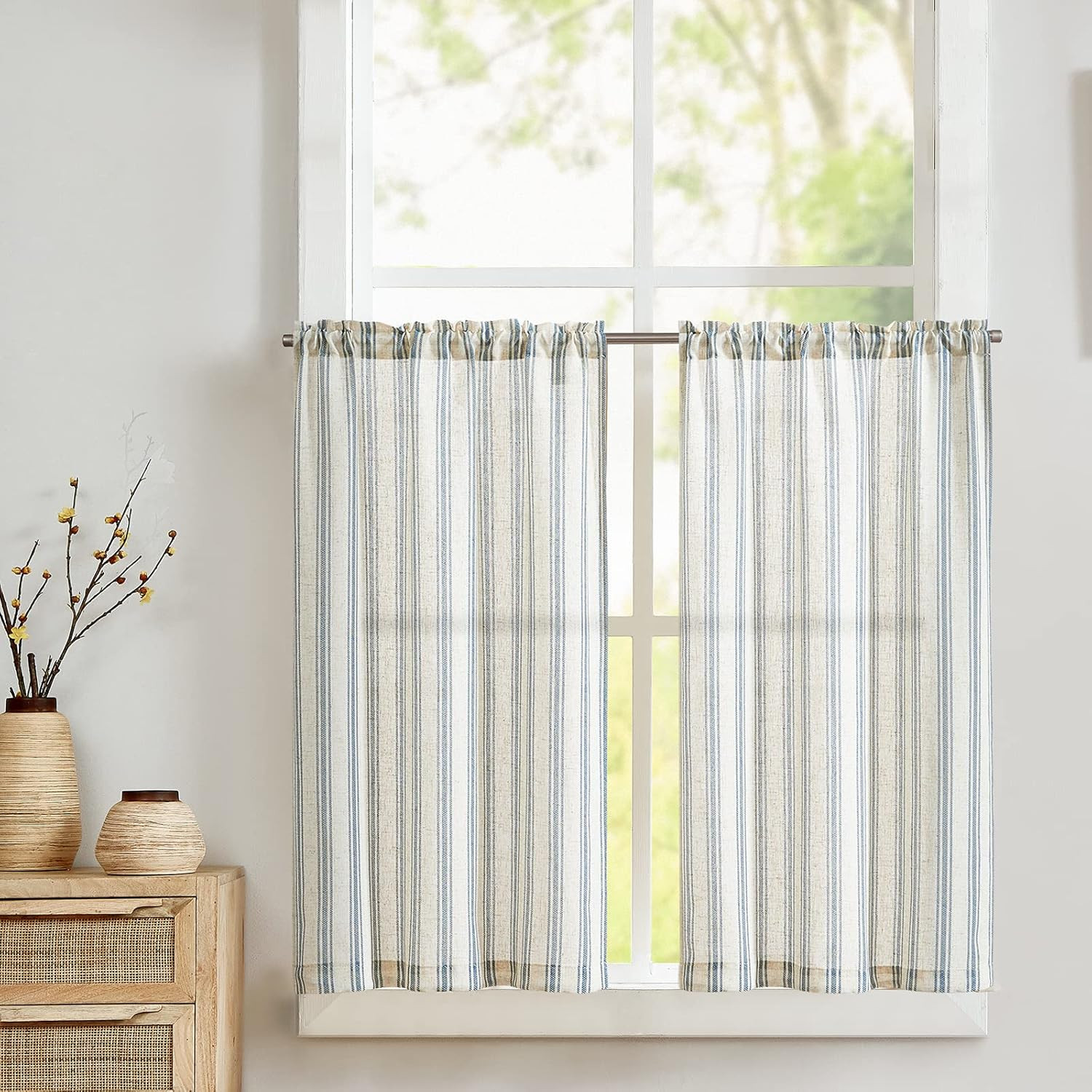 COLLACT Kitchen Curtains Linen Striped Tier Curtains 24 Inch Length for Bathroom Cafe RV Farmhous... | Amazon (US)