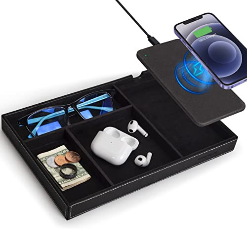 Valet Tray with Wireless Charger, Faux Leather Nightstand Organizer, Catch-All Tray for Entryway Table Key, Wallet, Watch, Coin Change, Phone (Black) | Amazon (US)