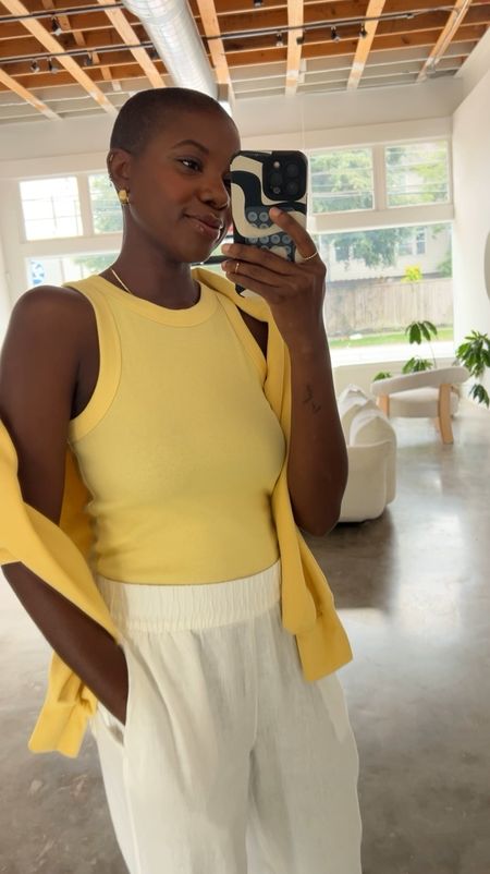 Spring outfit! Pull on white linen pants, yellow tank and yellow crewneck sweatshirt. Easy and so cozy! 

#LTKstyletip #LTKVideo #LTKfindsunder50