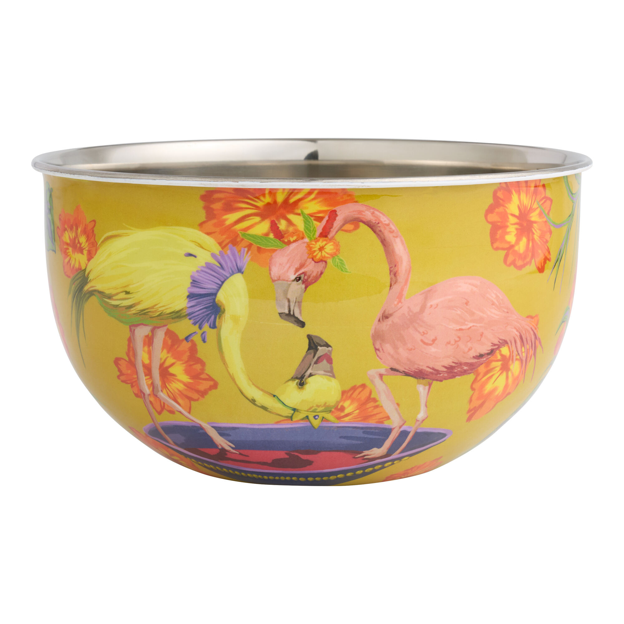 Large Yellow Enameled Metal Tropical Flamingo Mixing Bowl | World Market