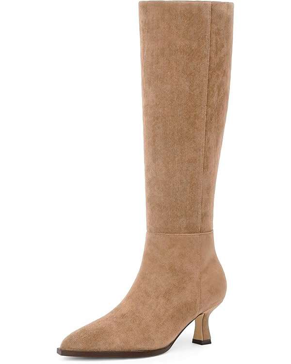 Modatope Knee High Boots Kitten Low Heel Faux Leather Pointed Toe Side Zipper Fall Long Tall Boot... | Amazon (US)